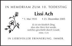 Traueranzeige Lissi Ach