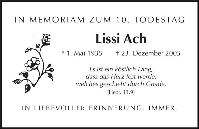 Traueranzeige Lissi Ach