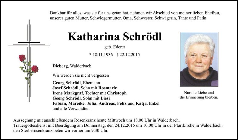 Traueranzeige Katharina Schrödl