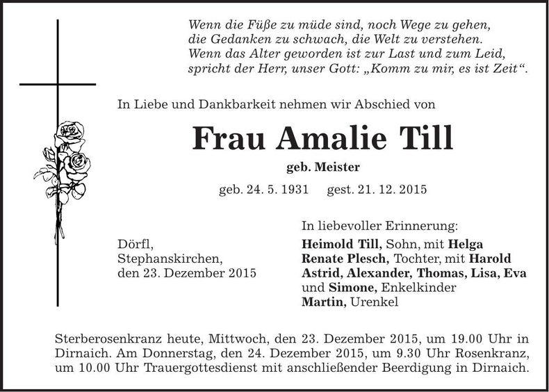 Traueranzeige Amalie Till