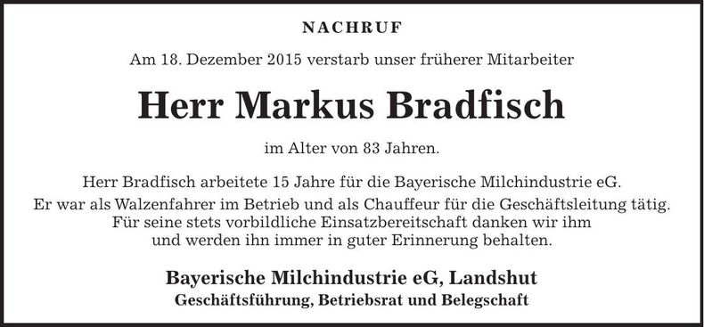 Traueranzeige Markus Bradfisch