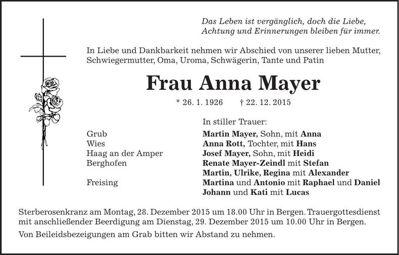 Traueranzeige Anna Mayer