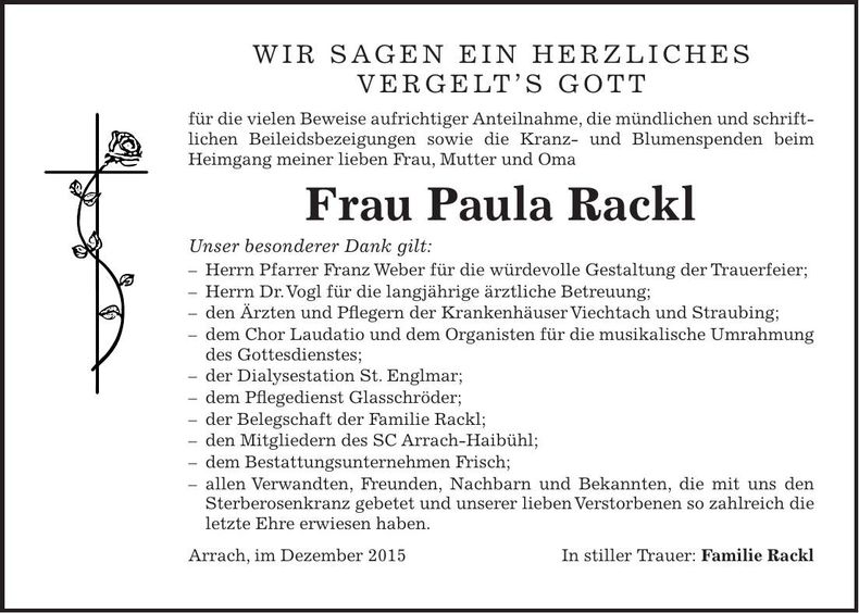 Traueranzeige Paula Rackl