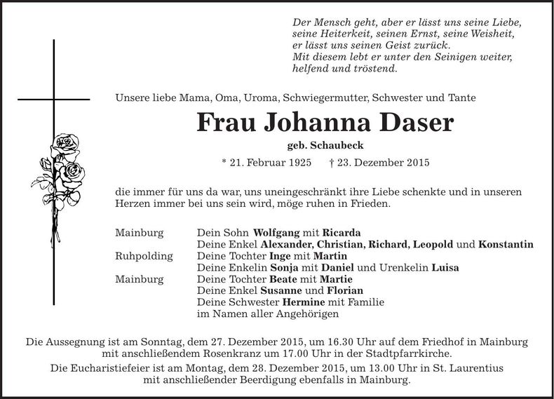 Traueranzeige Johanna Daser