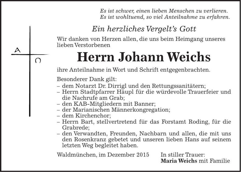 Traueranzeige Johann Weichs