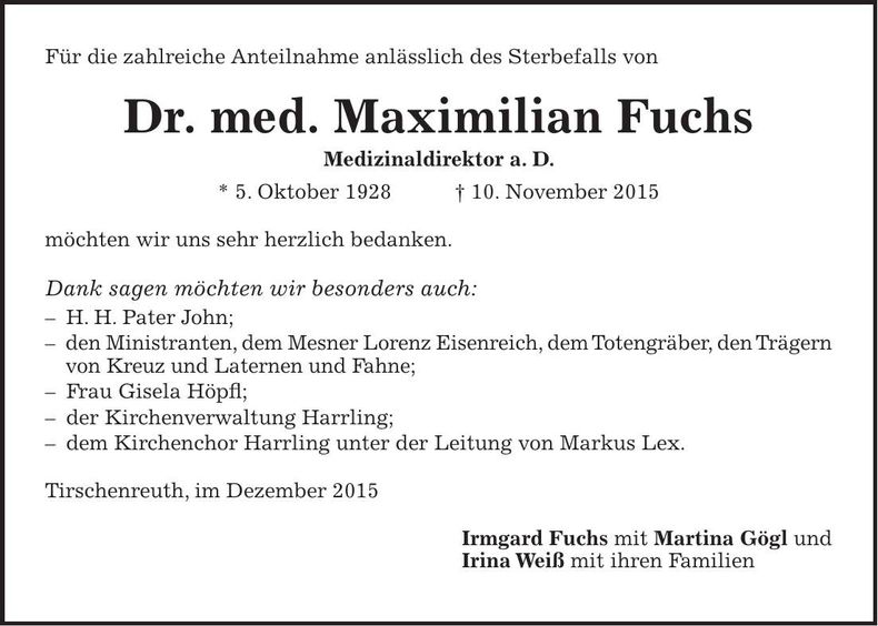 Traueranzeige Maximilian Dr. Fuchs
