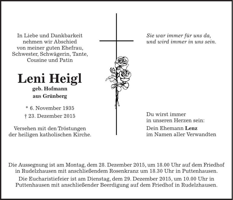 Traueranzeige Leni Hofmann