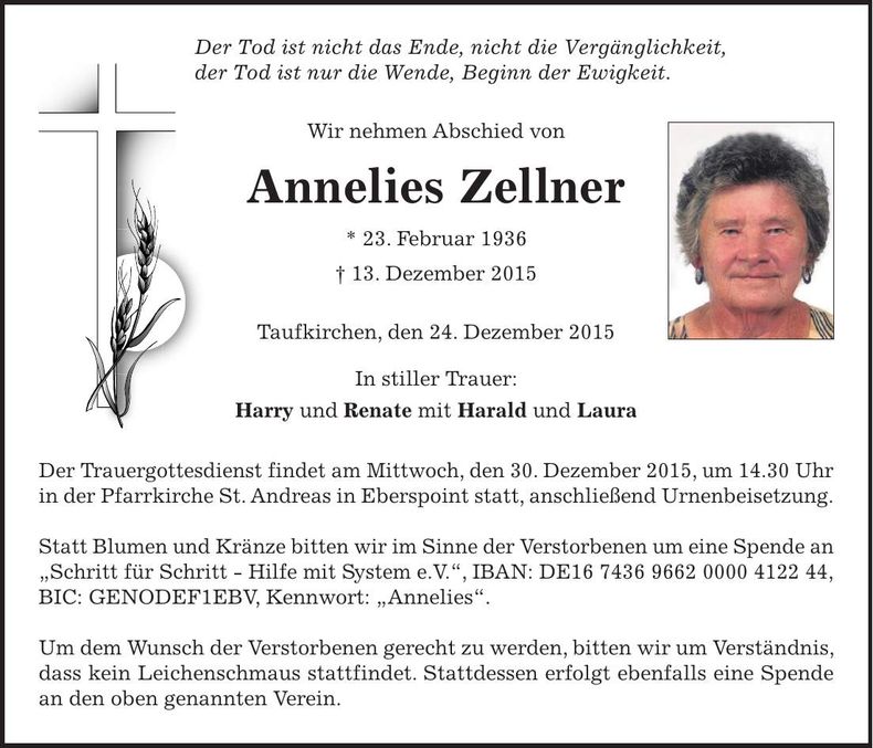Traueranzeige Annelies Zellner
