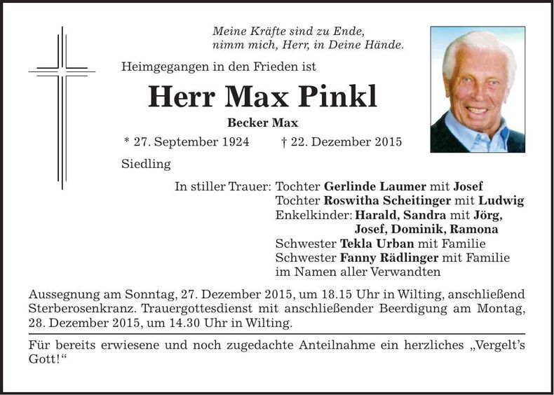 Traueranzeige Max Pinkl