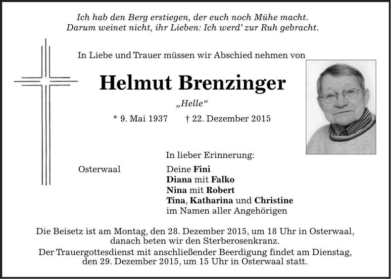 Traueranzeige Helmut Brenzinger