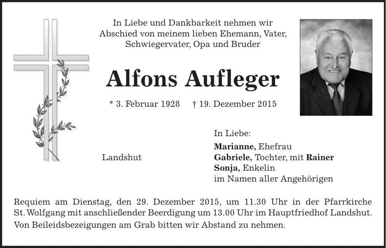 Traueranzeige Alfons Aufleger