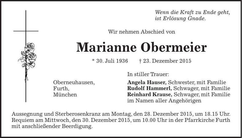 Traueranzeige Marianne Obermeier