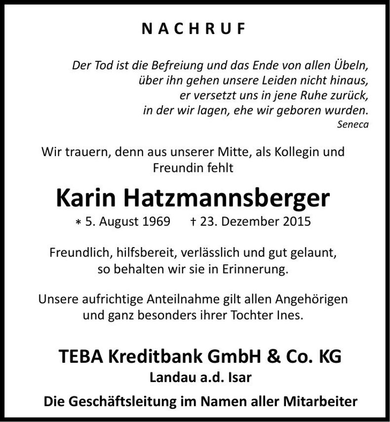Traueranzeige Karin Hatzmannsberger
