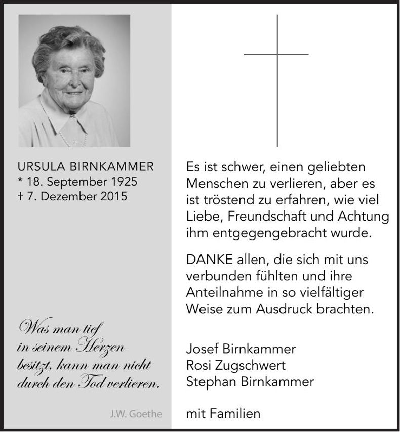 Traueranzeige Ursula Birnkammer