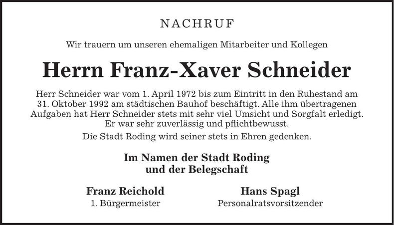 Traueranzeige Franz-Xaver Schneider
