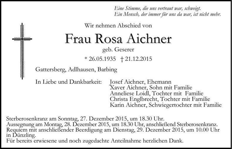Traueranzeige Rosa Aichner