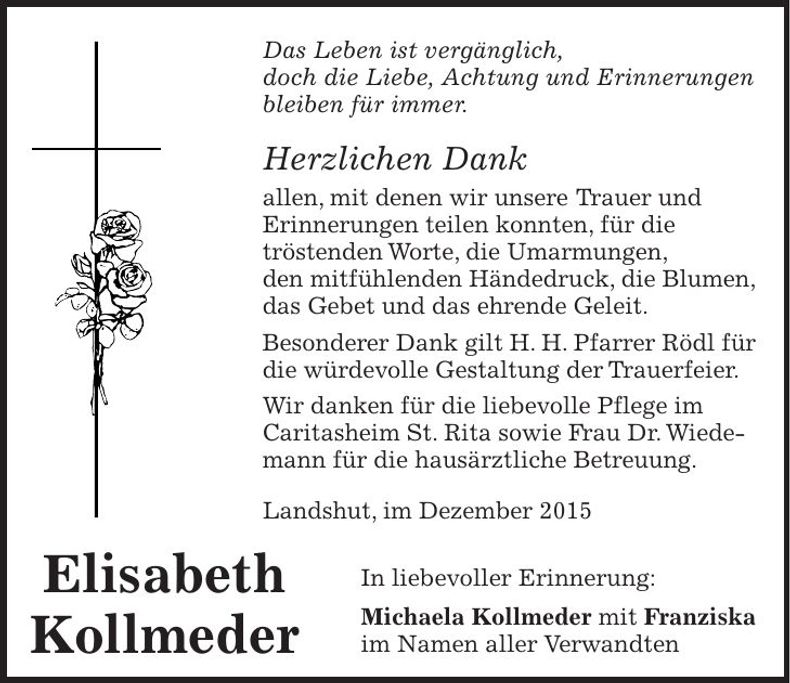 Traueranzeige Elisabeth Kollmeder