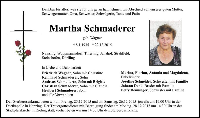 Traueranzeige Martha Schmaderer