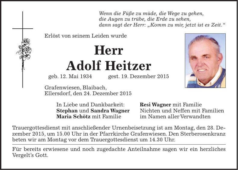Traueranzeige Adolf Heitzer