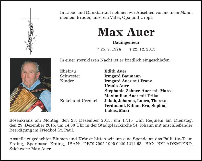 Traueranzeige Max Auer