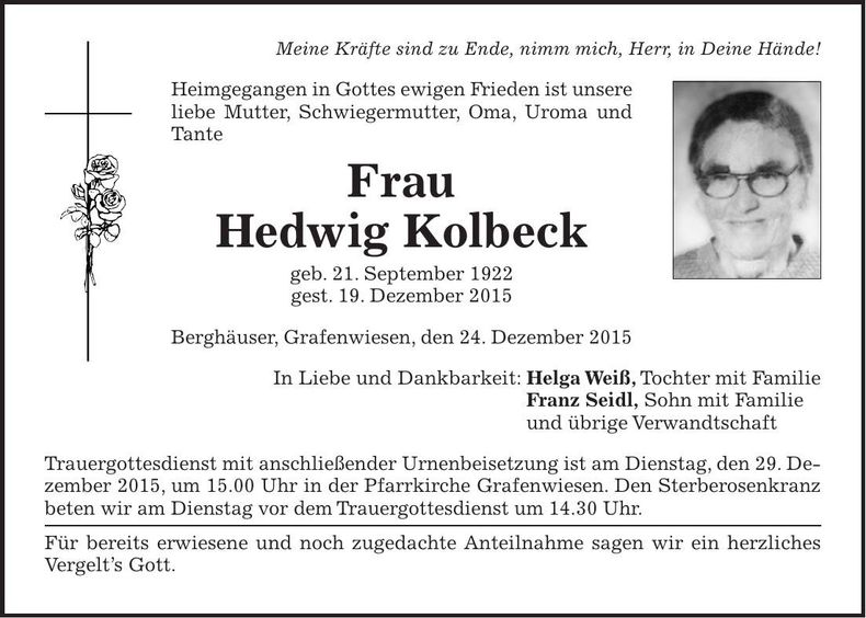 Traueranzeige Hedwig Kolbeck