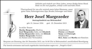 Traueranzeige Josef Margezeder