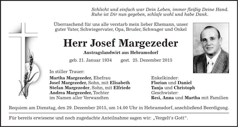 Traueranzeige Josef Margezeder