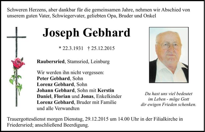 Traueranzeige Joseph Gebhard