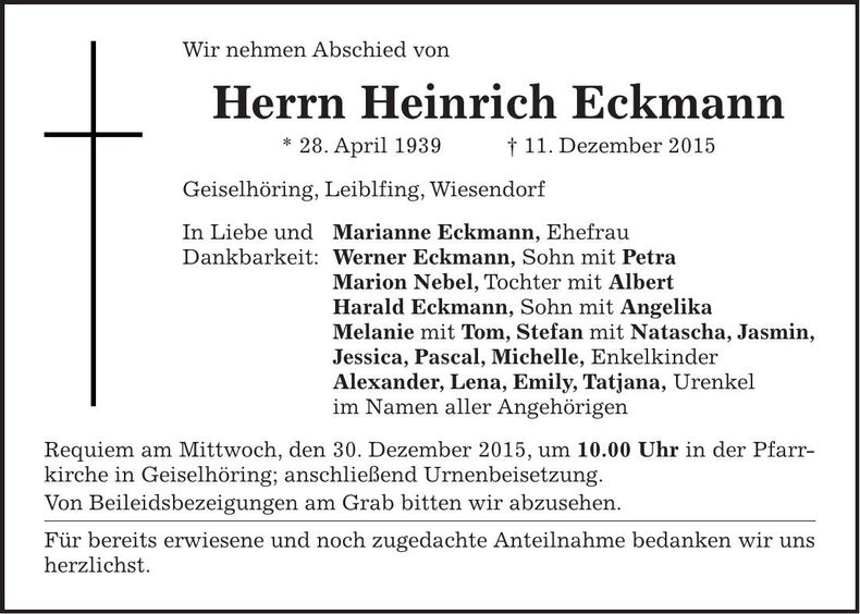 Traueranzeige Heinrich Eckmann