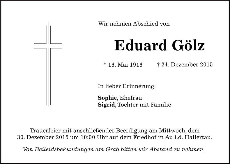 Traueranzeige Eduard Gölz