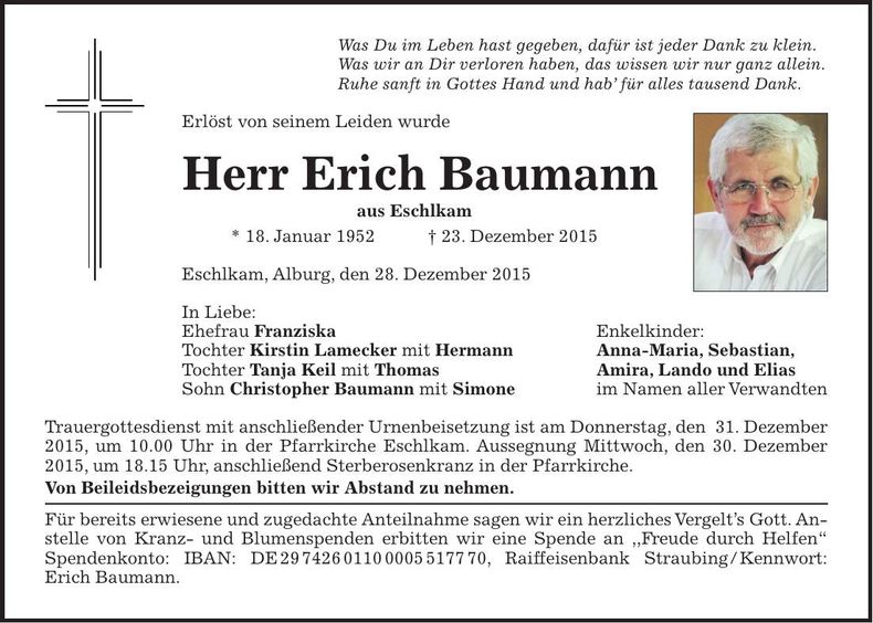 Traueranzeige Erich Baumann
