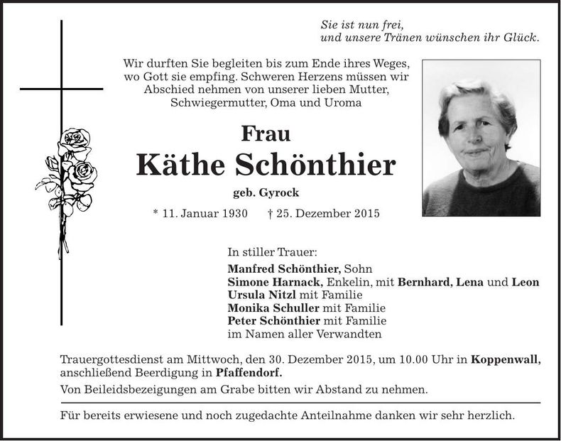 Traueranzeige Käthe Schönthier