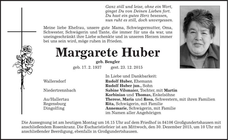 Traueranzeige Margarete Huber