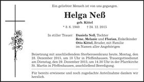 Traueranzeige Helga Neß