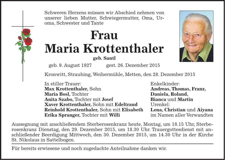 Traueranzeige Maria Krottenthaler