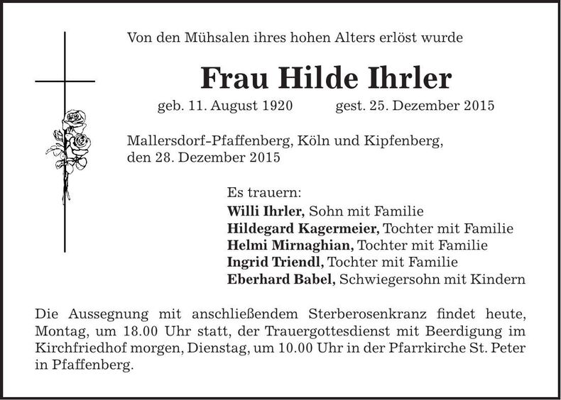 Traueranzeige Hilde Ihrler