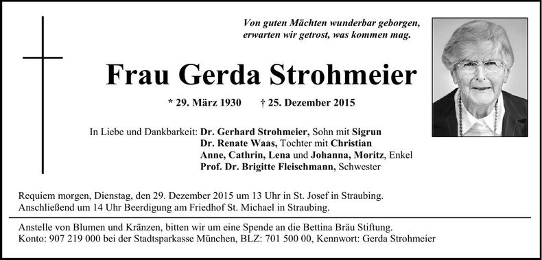 Traueranzeige Gerda Strohmeier