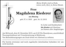Traueranzeige Magdalena Riederer