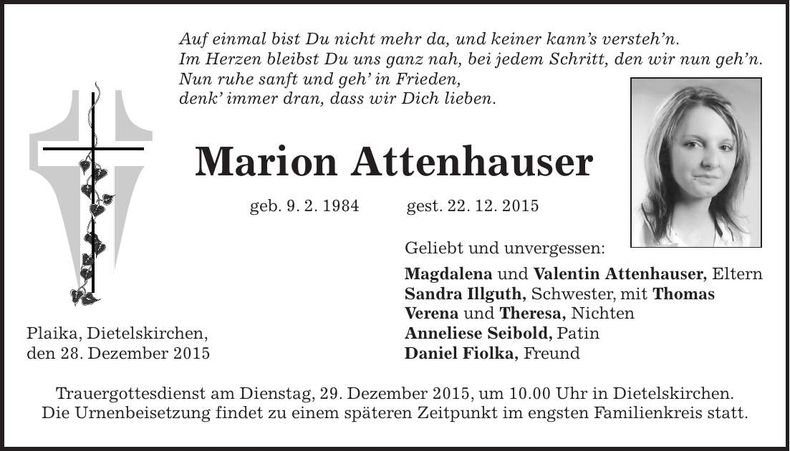 Traueranzeige Marion Attenhauser