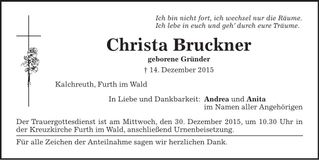 Traueranzeige Christa Bruckner