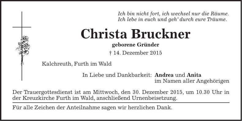 Traueranzeige Christa Bruckner