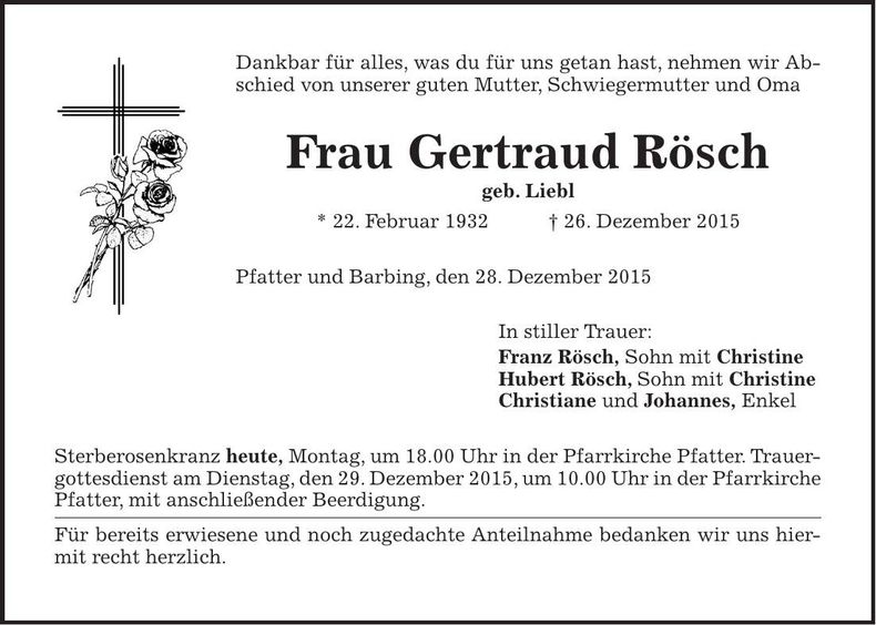 Traueranzeige Gertraud Rösch