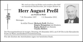 Traueranzeige August Preßl