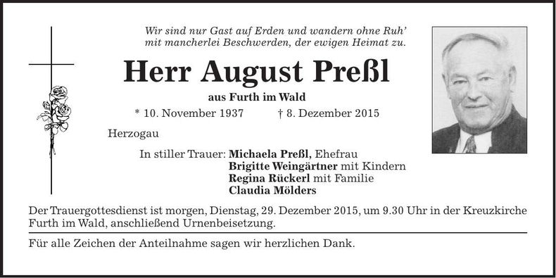 Traueranzeige August Preßl