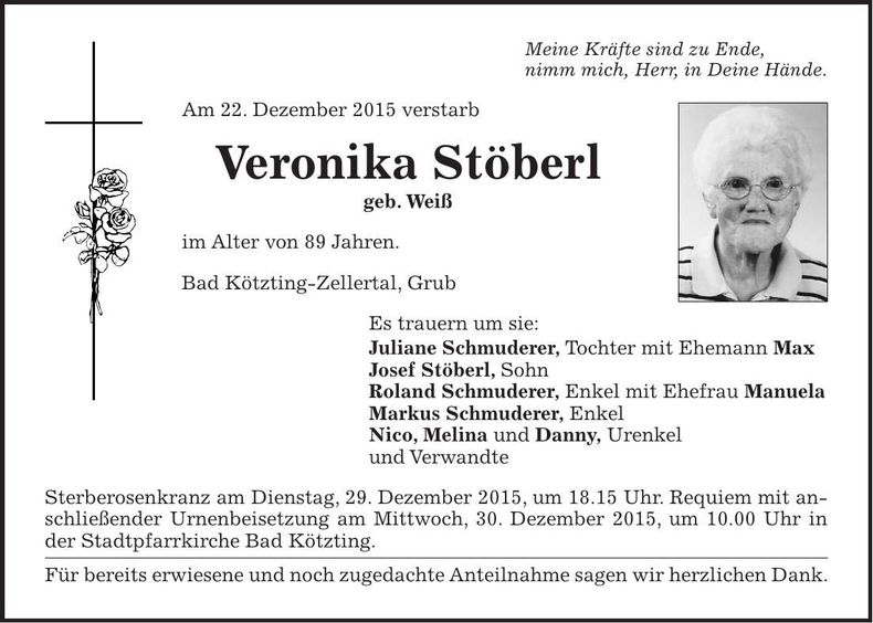 Traueranzeige Veronika Stöberl