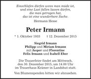 Traueranzeige Peter Irmann