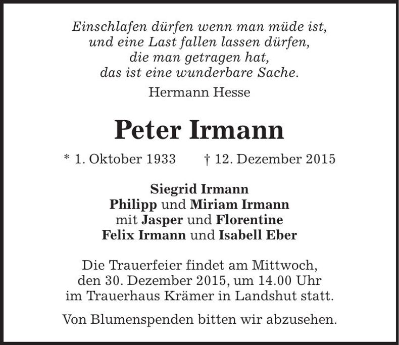 Traueranzeige Peter Irmann