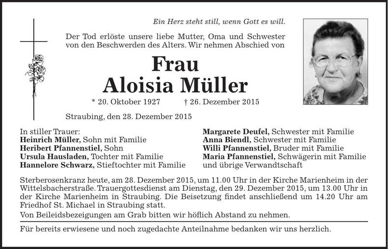 Traueranzeige Aloisia Müller