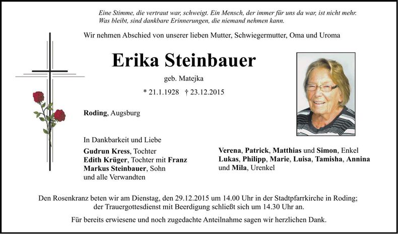 Traueranzeige Erika Steinbauer