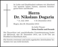 Traueranzeige Nikolaus Dogariu Dr.